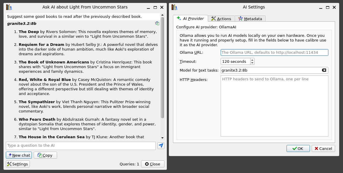 [Calibre preferences dialog and chat window]