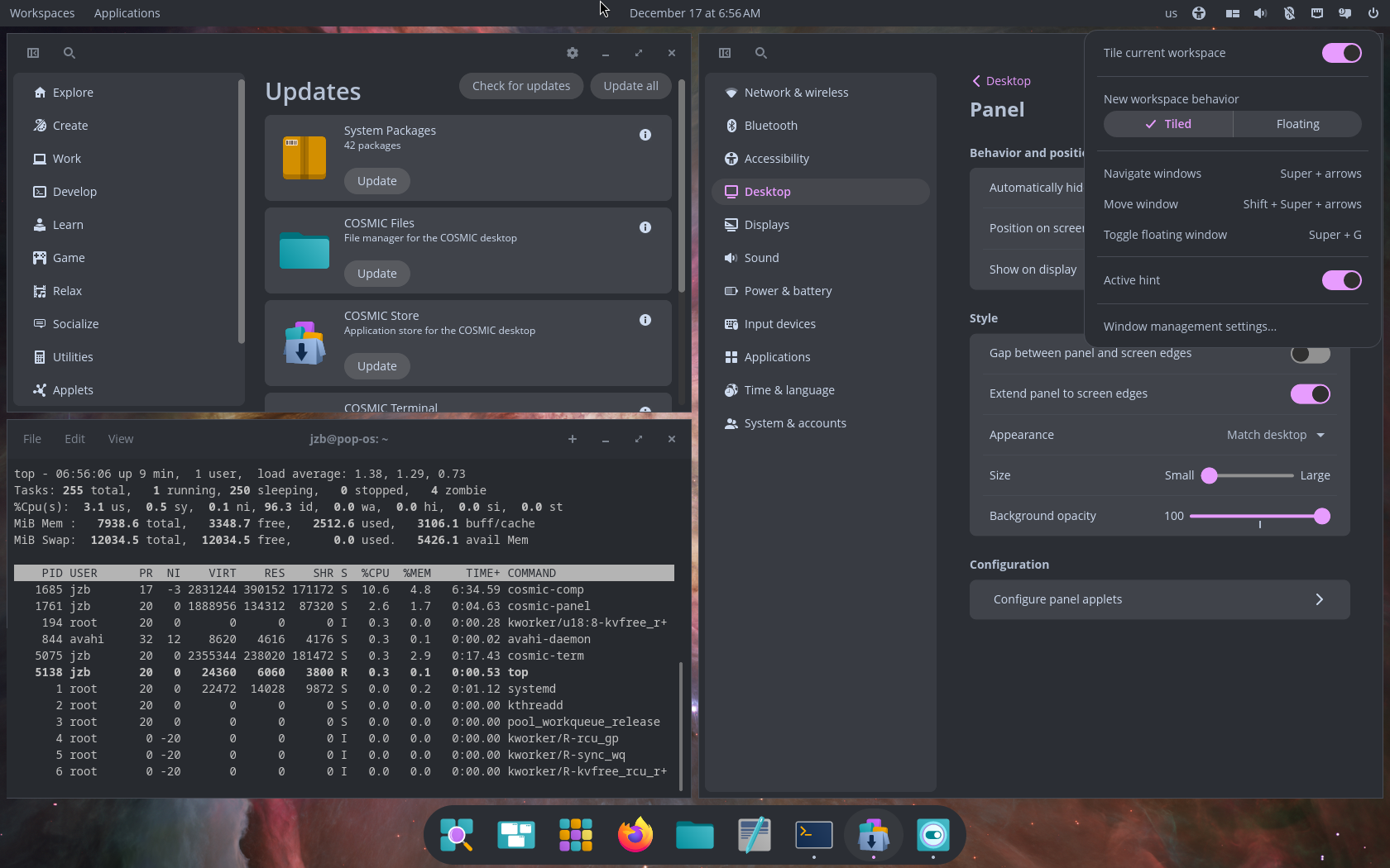 [The COSMIC Desktop in tiled 
mode]