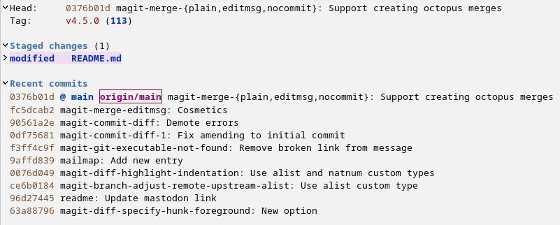 [A screenshot showing the Magit status screen]