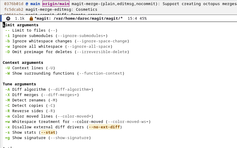 [A screenshot showing Magit's transient diff command window]
