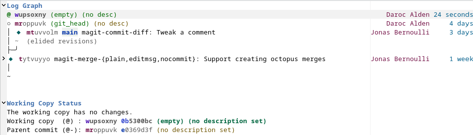 A screenshot showing Majutsu's status window