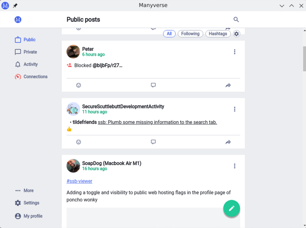[A screenshot of Manyverse, a  Scuttlebutt client.]