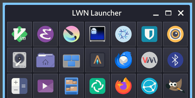 A Quickshell launcher demonstration displaying a grid of icons.