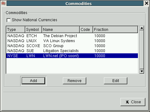 [Gnucash commodity editor]